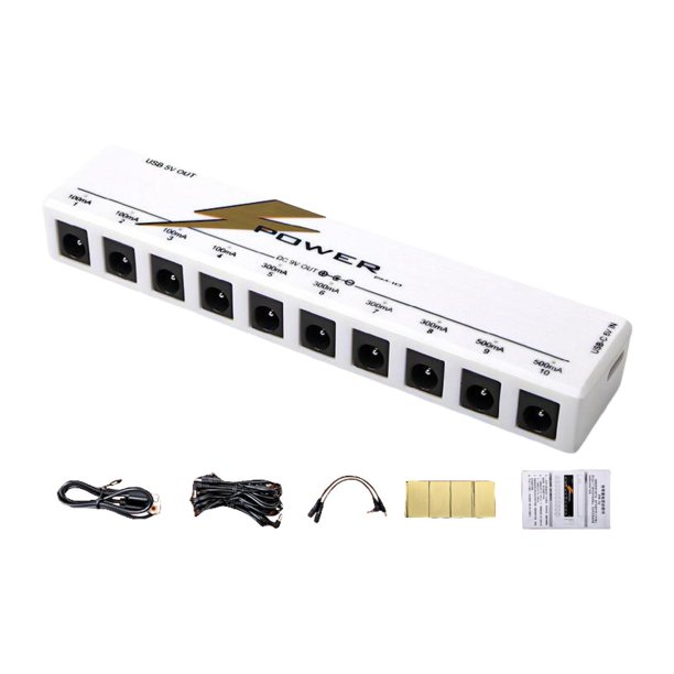 Fuente de alimentación para pedal de guitarra con 10 salidas aisladas, portátil, con adhesivos de fijación y cable. Blanco