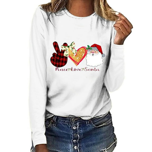 Cyber&Monday Deals pimelu Christmas Shirts Clearance Womens Christmas Tops Ladies Classic Plaid Xmas Graphics Pullover Blouses Plus Size Lightweight Round Neck Long Sleeve Tee Shirts