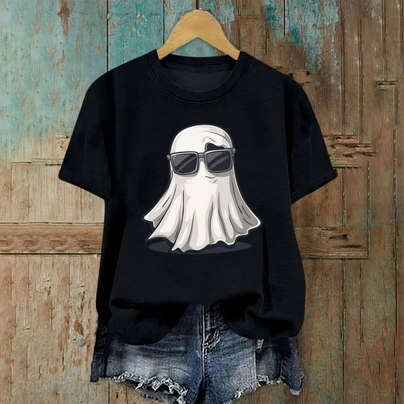 CLOISE Halloween Shirts for Women Trendy Halloween Ghost Print Tees Short Sleeve Crew Neck Tops Basic Casual Comfy Shirts Boo Party Outfits Fall Gift