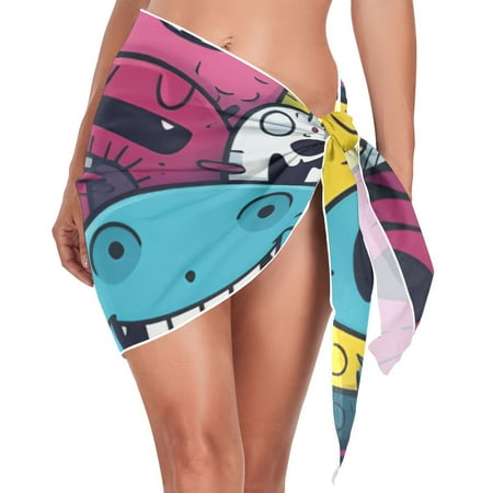Monsters Colorful Women Coverups Beach Cover Up Chiffon Swimsuit Bikini Wrap Short Skirt Beach Slit Tie Waist