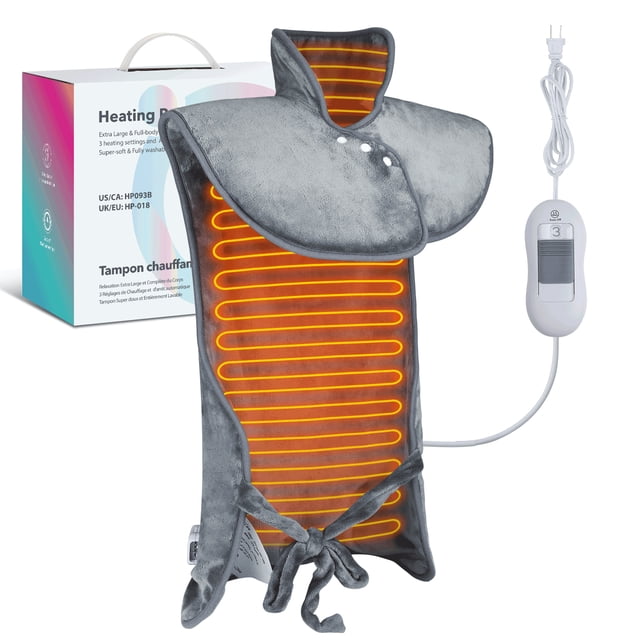 Large 24"x40" Heating Pad for Neck and Shoulders Back Pain Relief, Flannel Electric Full Back Heating Pad with Fast-Heating and 3 Heat Settings, 1.5H Auto Shut Off Available, Machine Washable, Grey