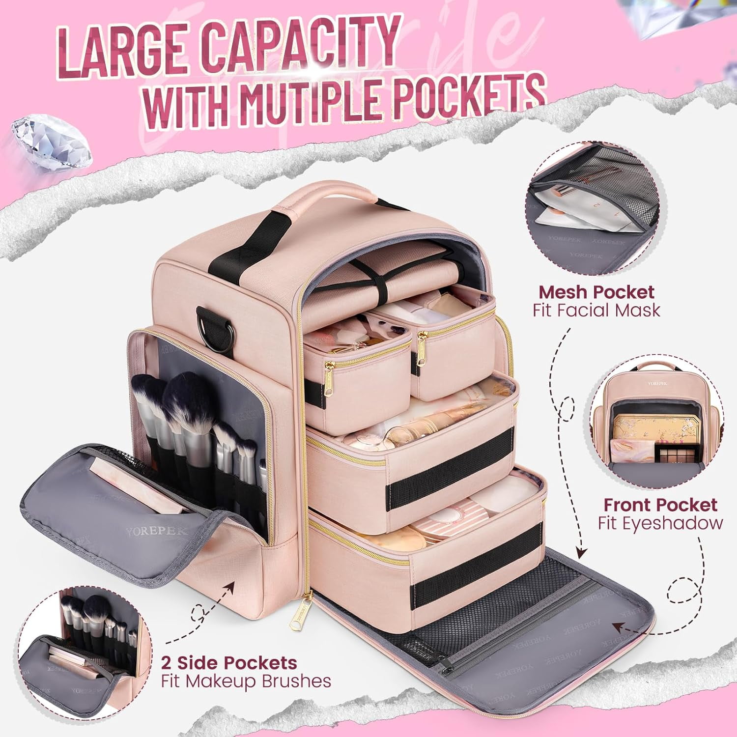 YOREPEK Large Travel Makeup Bag Organizer with 4 Removable Cases & 1 Jewelry Organizer Roll, Multiple Storage Pockets Cosmetic Bag Holds Toiletries/Skin Care/Hair Supplies/Brush, Gift for Women