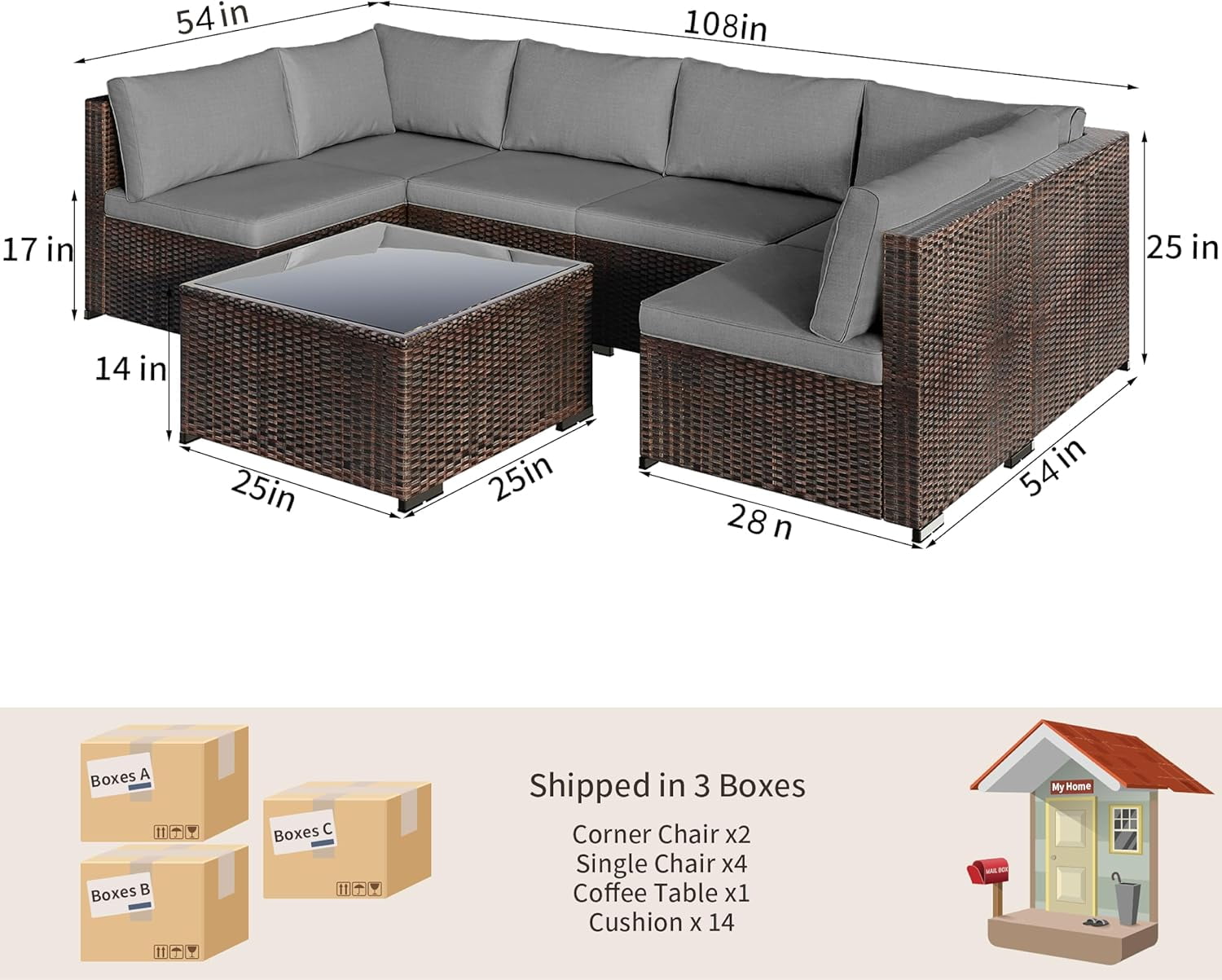Patio Furniture Set Clearance Lofka Outdoor Sectional Furniture Sofa Set with Tempered Glass Table for Backyard, Garden & Poolside, Gray Cushions
