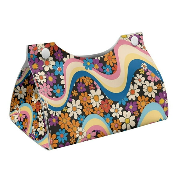 COEQINE Tissue Box Cover PU Leather Rectangle Tissue Case Holder Facial Tissue Dispenser for Bathroom Bedroom Kitchen Office Car Modern Decorative, Hippie Flower Blue Pink
