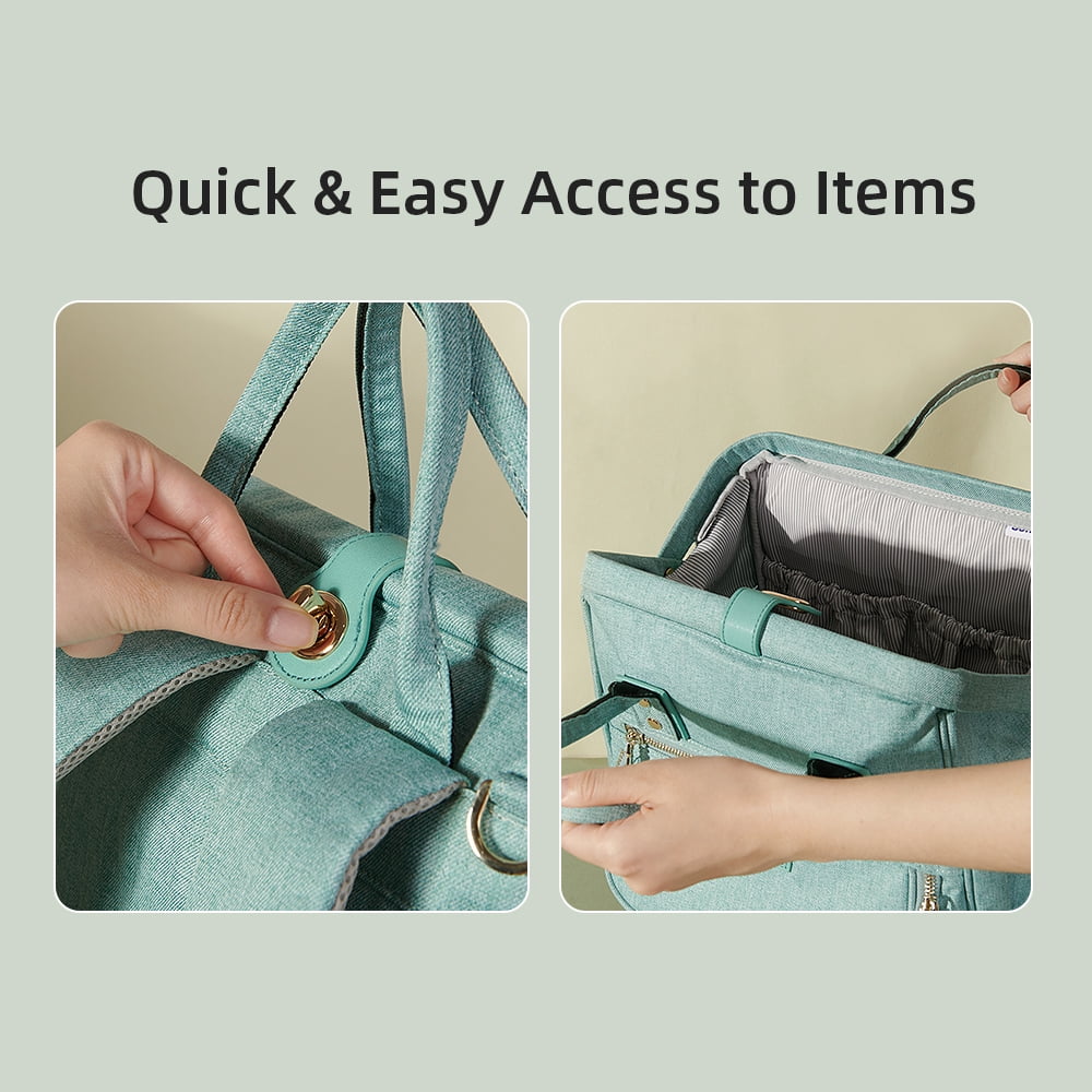 Sunveno Easy Open Diaper Bag Backpack with Insulated Pockets, Stroller Straps and Changing Pad, Green