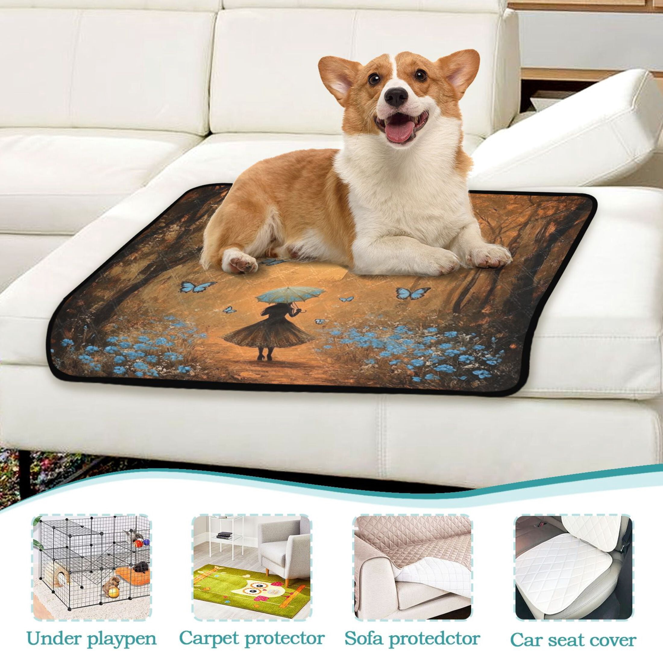 Qxltty Blue Butterfly Forest Cat litter Pads Pet Set of 2 Diaper Mats Center Anti-leakage Layer Absorbent Soft and Comfortable