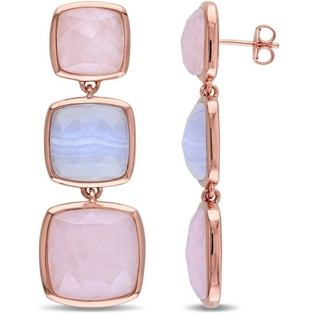 Tangelo 4-2/5 Carat T.G.W. Square-Cut Blue Lace Agate and Rose Quartz Rose Rhodium-Plated Sterling Silver Three-Stone Dangle Earrings