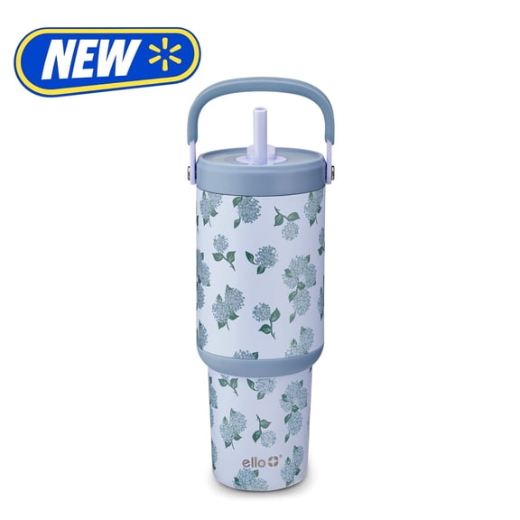 Ello Oasis Go 30oz Stainless Steel Tumbler with Top Handle and Retracting Straw, Hydrangea Blooms