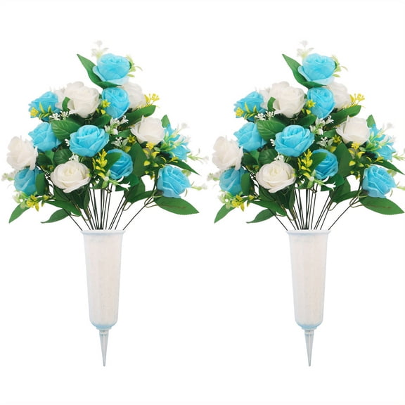 Nkmbld Artificial Cemetery Flowers with Vases, Realistic Grave Flowers for Cemetery UV Resistant Memorial Day Silk Rose Flower for Cemetery Decor