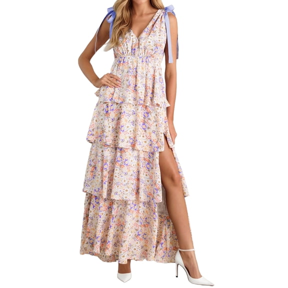 Summer Sleeveless V-neck Floral Printing Flared Ruffle Long Maxi Dress
