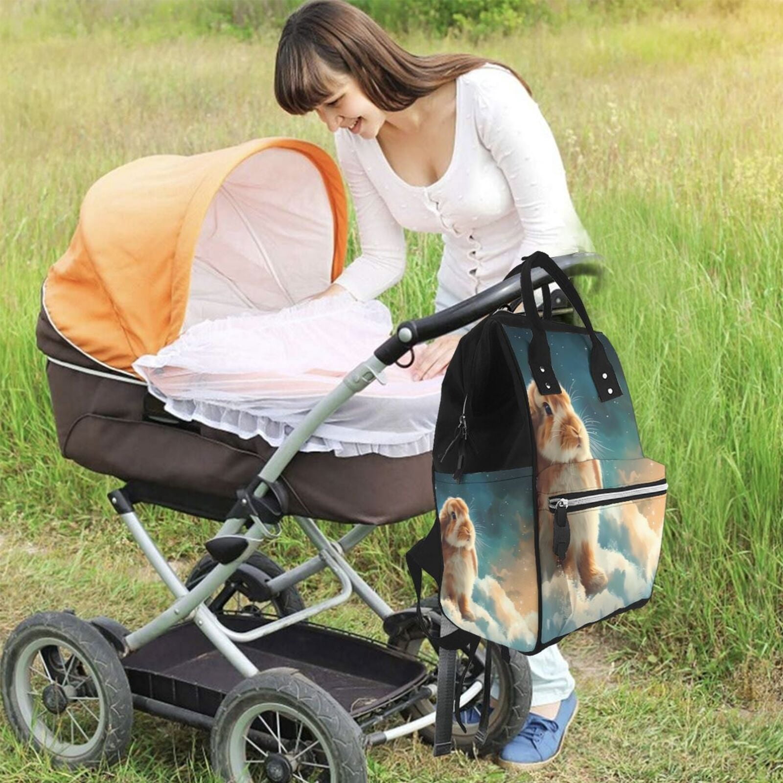 Fuzoiu Starry Sky Cloud Cute Rabbit Print Diaper Bag Backpack,Baby Essentials Travel Tote,Multi function Waterproof Diaper Bag, Travel Essentials Baby Bag - Unisex
