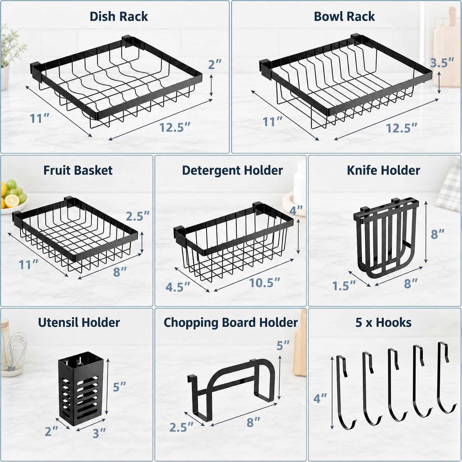 RUIE 2-Tier Over Sink Dish Drying Rack, Adjustable Dish Rack with 4 Baskets, Utensil Holder, Cutting Board Holder and 8 Hooks - Black