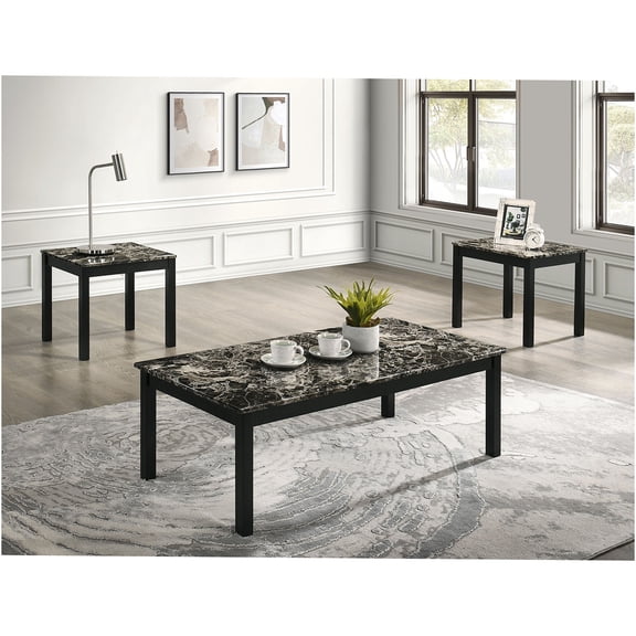 JERFIT Modern 3-Piece Coffee Table Set with Faux Marble Top and Wood Legs for Living Room, Black and White Finish
