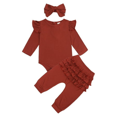 

Honeeladyy Newborn Infant Baby Solid Ruffle Romper Ruffle Pants + Headbands Outfits