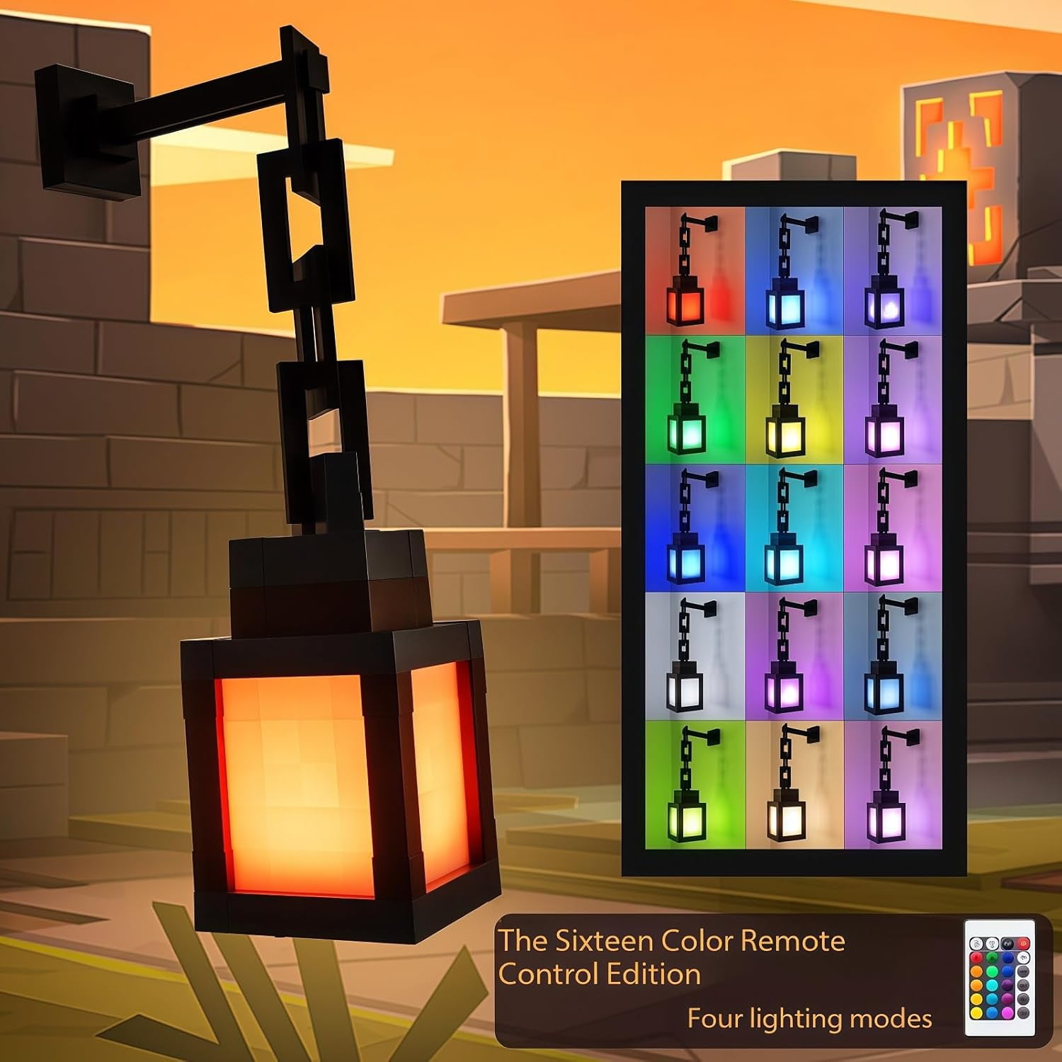 Rechargeable Pixelated Lantern Night Light | 16-Color RGB Mood Lamp with Dual Control (Remote) | Wall/Table Lamp for Cosplay, Nightstand & Bedroom Decor（1 PCS）