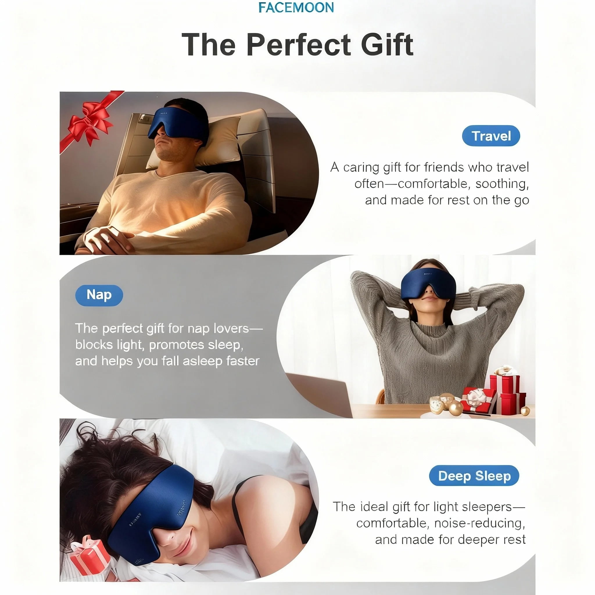 FACEMOON Wireless Bluetooth 5.0 Sleep Headphones Eye Mask Built-in Speakers Microphone for Music Travel