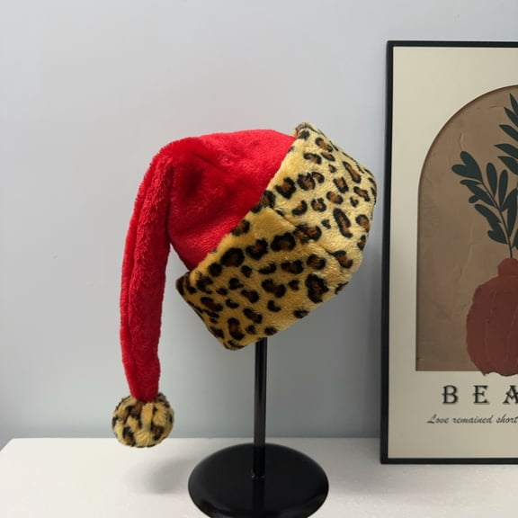 Leopard Christmas Santa Claus Hat with Faux Fur,Deluxe Holiday Leopard Christmas Hat Headwear Accessories (Grey)