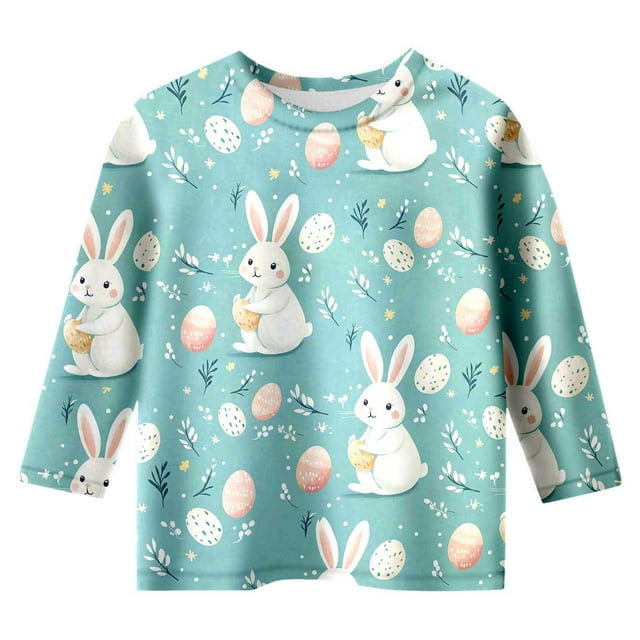 MIASHUI T-Shirts à Manches Longues Raglan pour Garçons et Filles de Pâques, T-Shirts Graphiques de Pâques pour Tout-Petits, Bleu Clair, 4-5 Ans