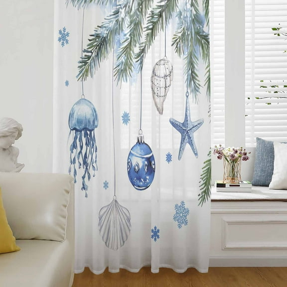 Blue Coastal Christmas Semi Sheer Curtains Drapes for Living Room,Bedroom,French Doors Window 72 Inches Long,Xmas Ball Pine Starfish Shell Snowflake Rod Pocket Chiffon Curtain Drapery Voile Panel