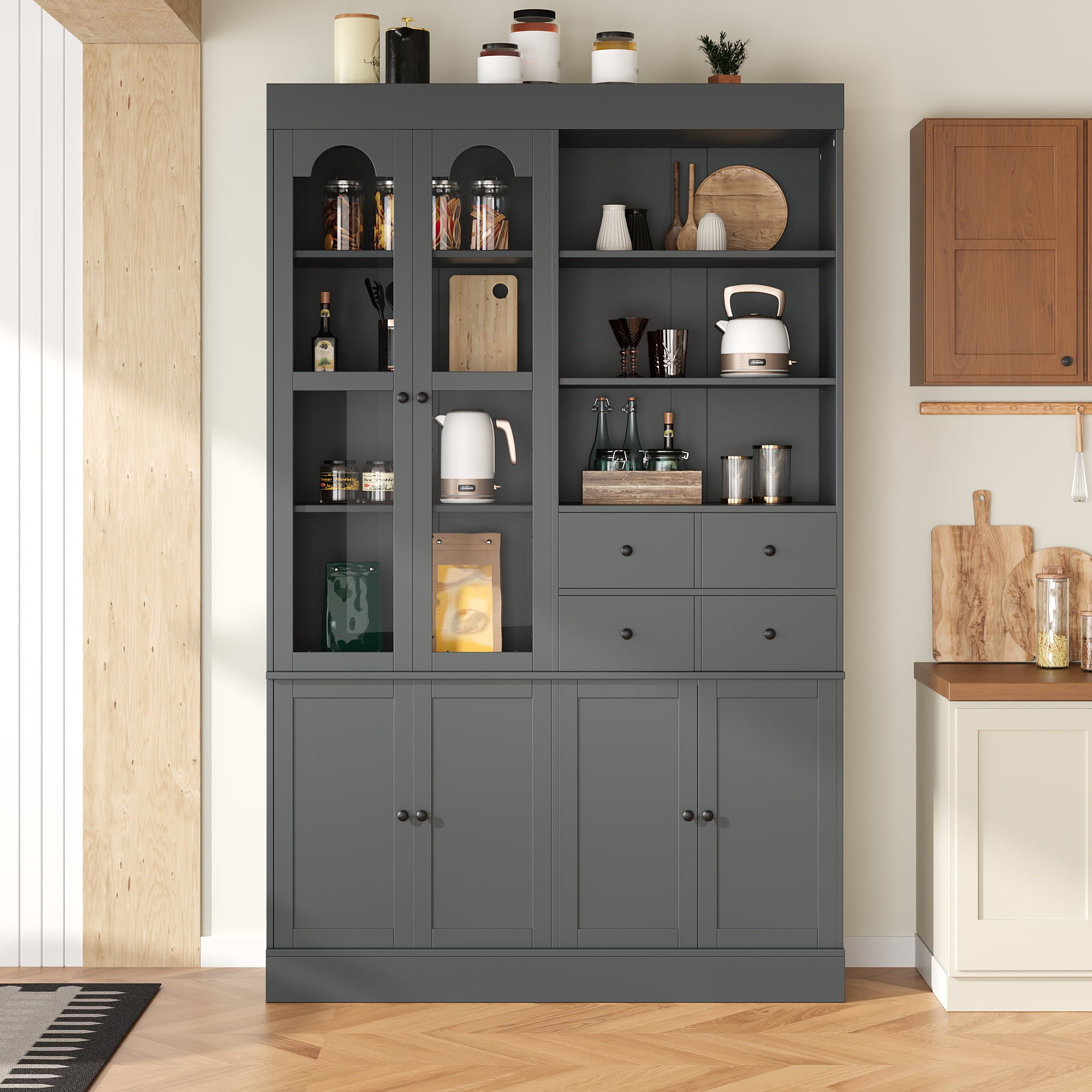 Euroco 47.2x15.7x75inch Freestanding Buffet with Hutch, Tall Kitchen Pantry Cabinet with 4 Drawers, Door Shelves and Pull-out Trays for Dining room, Living Room, Gray