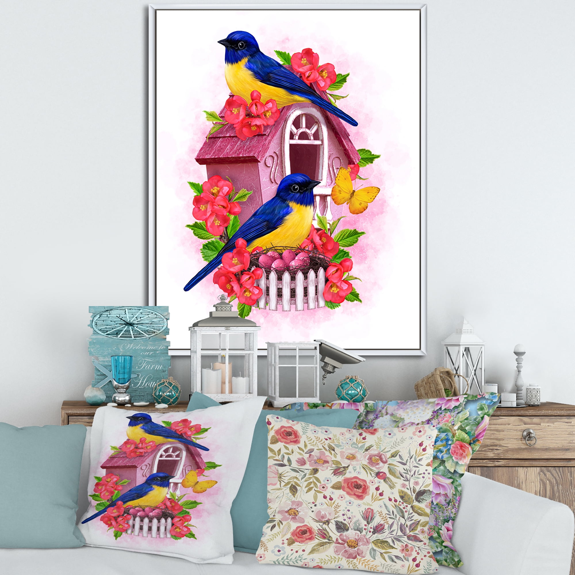 Designart 'Two Yellow and Blue Tit Birds Sitting Near The Nest' Traditional Framed Canvas Wall Art Print