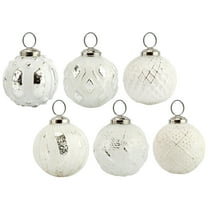 AuldHome Design Farmhouse Ball Ornaments (Set of 6, White); Distressed Metal Glass Ball Vintage Style Christmas Decorations