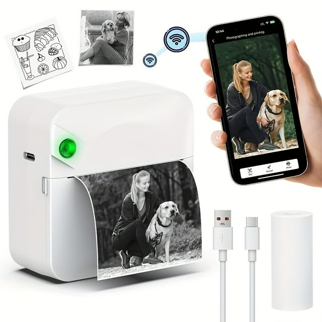 Imprimante Thermique Sans Fil Portable avec 1 Rouleau de Papier Thermique - Mini Imprimante de Reçus Sans Fil Format de Poche Convenant aux Téléphones Intelligents, Compatible pour /, Factures en Déplacement, Photos, Journaux Intimes et Notes