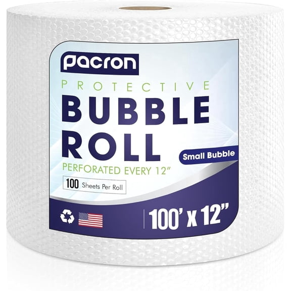 Pacron Protective Clear Bubble Wrap Roll 100FT x 12IN, 3/16" Small Bubble Roll - Perforated, Durable Plastic Wrap for Shipping, Moving, & Storage