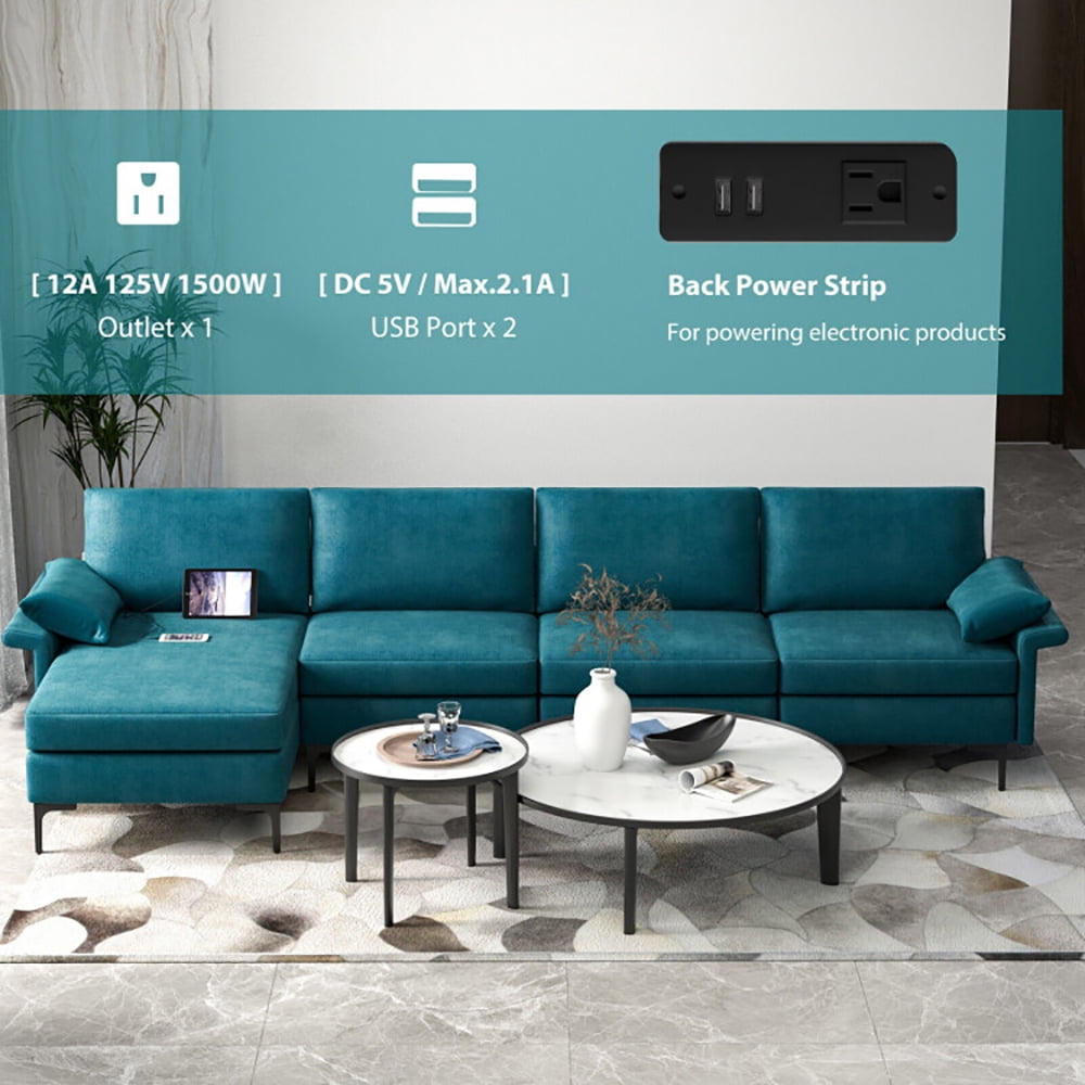 Finihen L-shaped Sectional Sofa Couch, Convertible Sectional Sofa, Extra Large L-shaped Sectional Sofa with Reversible Chaise and 2 USB Ports for 4-5 People, for Living Room, Peacock Blue