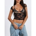 thumbnail image 5 of 2Pcs Sexy Floral Lace Crop Tops for Women See through Low Cut T-Shirts+Bra Set Going Out Streetwear, 5 of 6