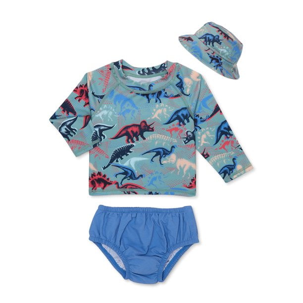 Wonder Nation Baby Boy Rashguard and Diaper Cover Swim Set with Hat, 3