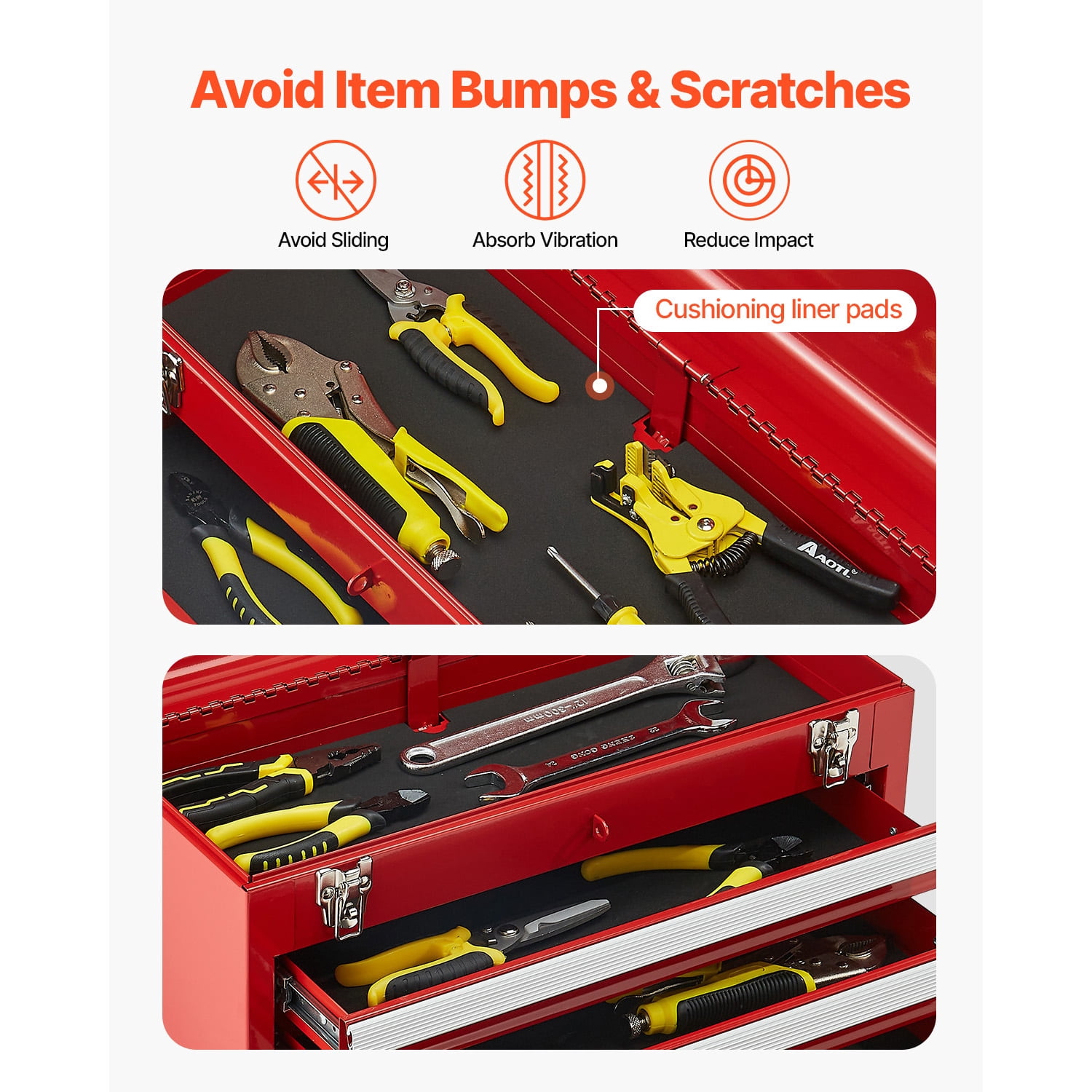 KFFKFF 20.5-Inch Portable Metal Tool Box with 3 Drawers, Small Tool Chest Featuring EVA Liners, Ball-Bearing Slides, Lockable Design, and Powder-Coated Finish, Red Multi-Purpose Organizer