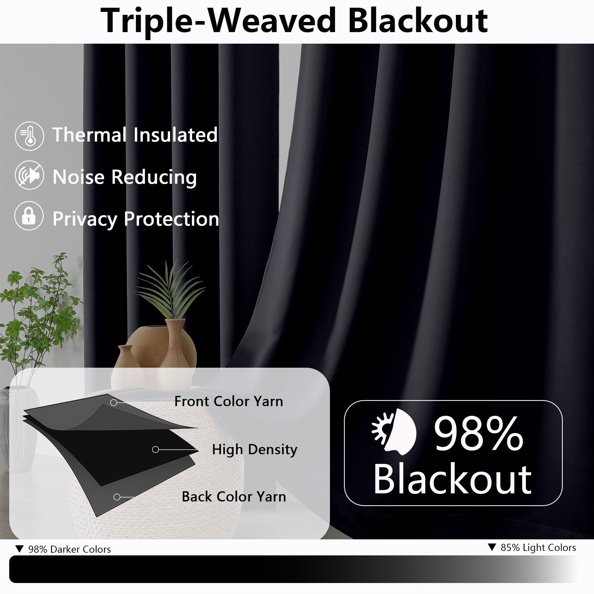 MKHILL Aether Black Blackout Curtains Set of 2, 45 Inch Long Short Room Darkening Window Drapes for Kitchen Laundry Bathroom Small Window, Each 40"W x 45"L, Black