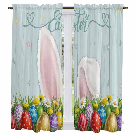 Easter Kitchen Curtains 63 Inch Length, Wooden Bunny Colorful Eggs Spring Floral Farmhouse Tiers Curtains for Living Room Berdoom Bathroom, Light Filtering Drapes Window Treatment 2 Panels 42"Wx63"L