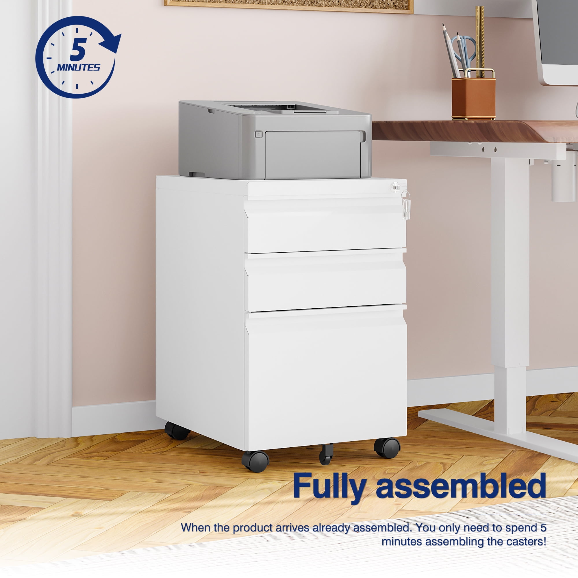 AUHUP 3 Drawer Mobile File Cabinet with Lock, Metal Filing Cabinet with Wheels for Legal/Letter/A4 File, Under Desk File Cabinets for Home Office,White,Fully Assembled