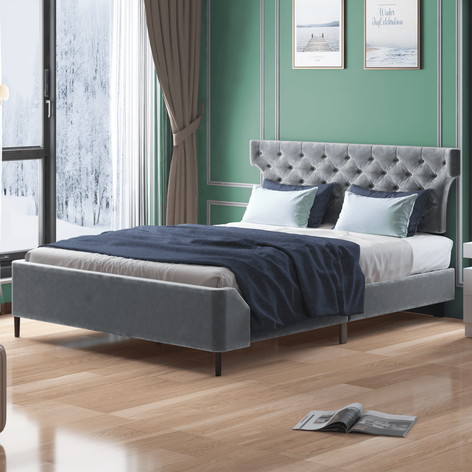 Muzz Modern King Size Platform Bed Frame with Tufted Curved Back ...