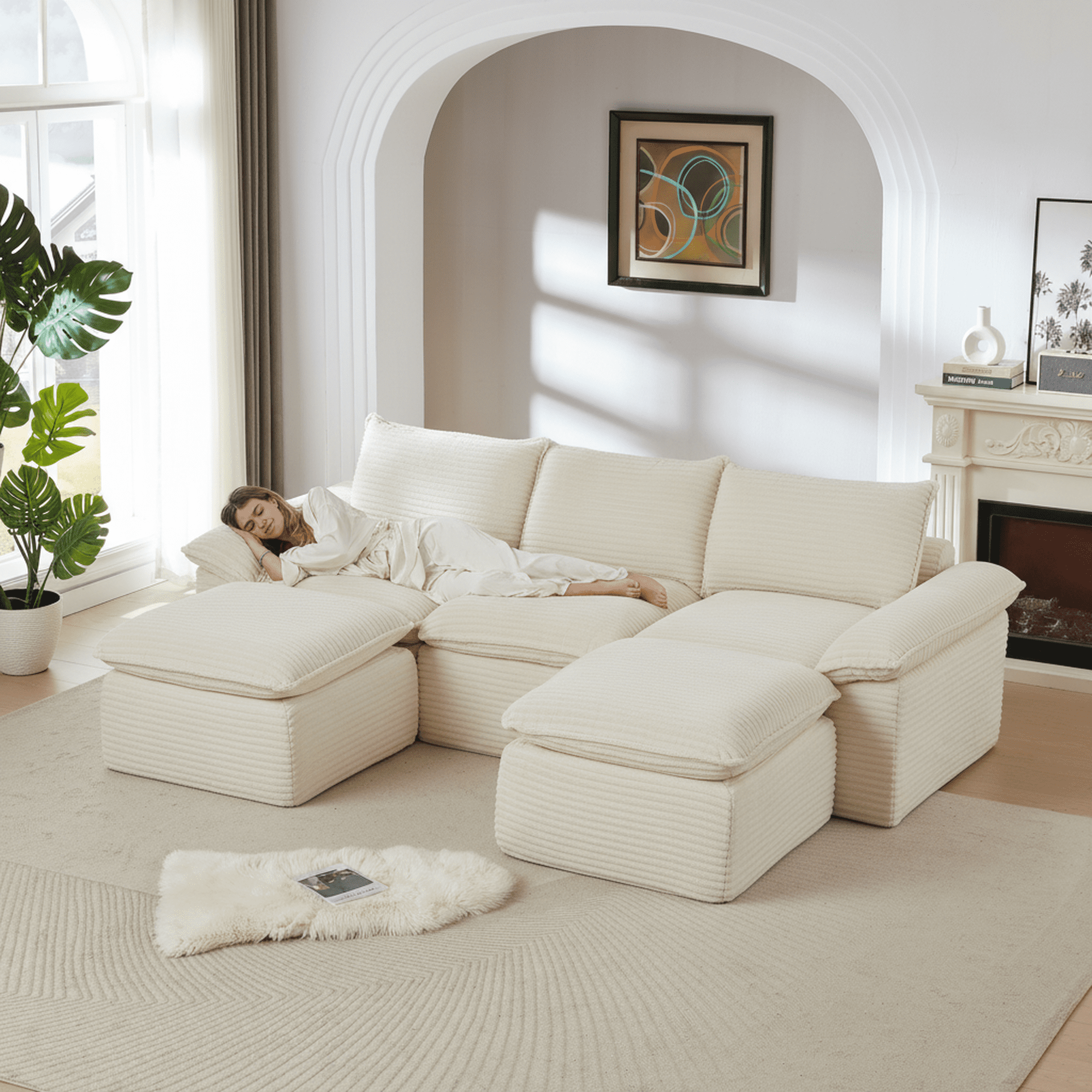 MAYEERTY Modern Modular Corduroy Sofa, White Cloud-Soft Sectional Couch for Apartment