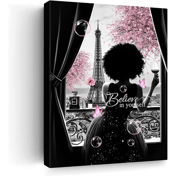 AEFER African American Wall Art Black Girl Pink Flowers Canvas Prints Black and White Wall Art Modern Fashion Paris Decoration Pictures Painting Artwork Home Decor Frame: 11x14inch(28x36cm)