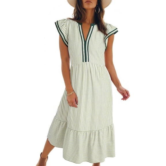 Women's Summer Striped Midi Sundress V-Neck Ruffle Cap Sleeve Empire Waist Tiered Dress with Side Pockets