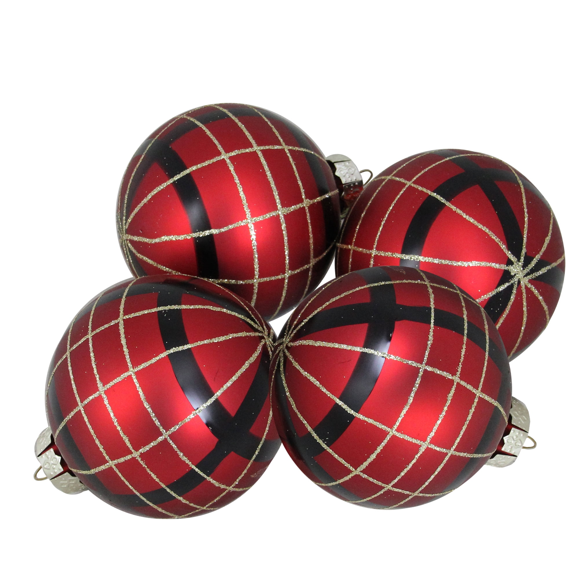 4ct Red, Black and Gold Plaid Glass Christmas Ball Ornaments 3.25