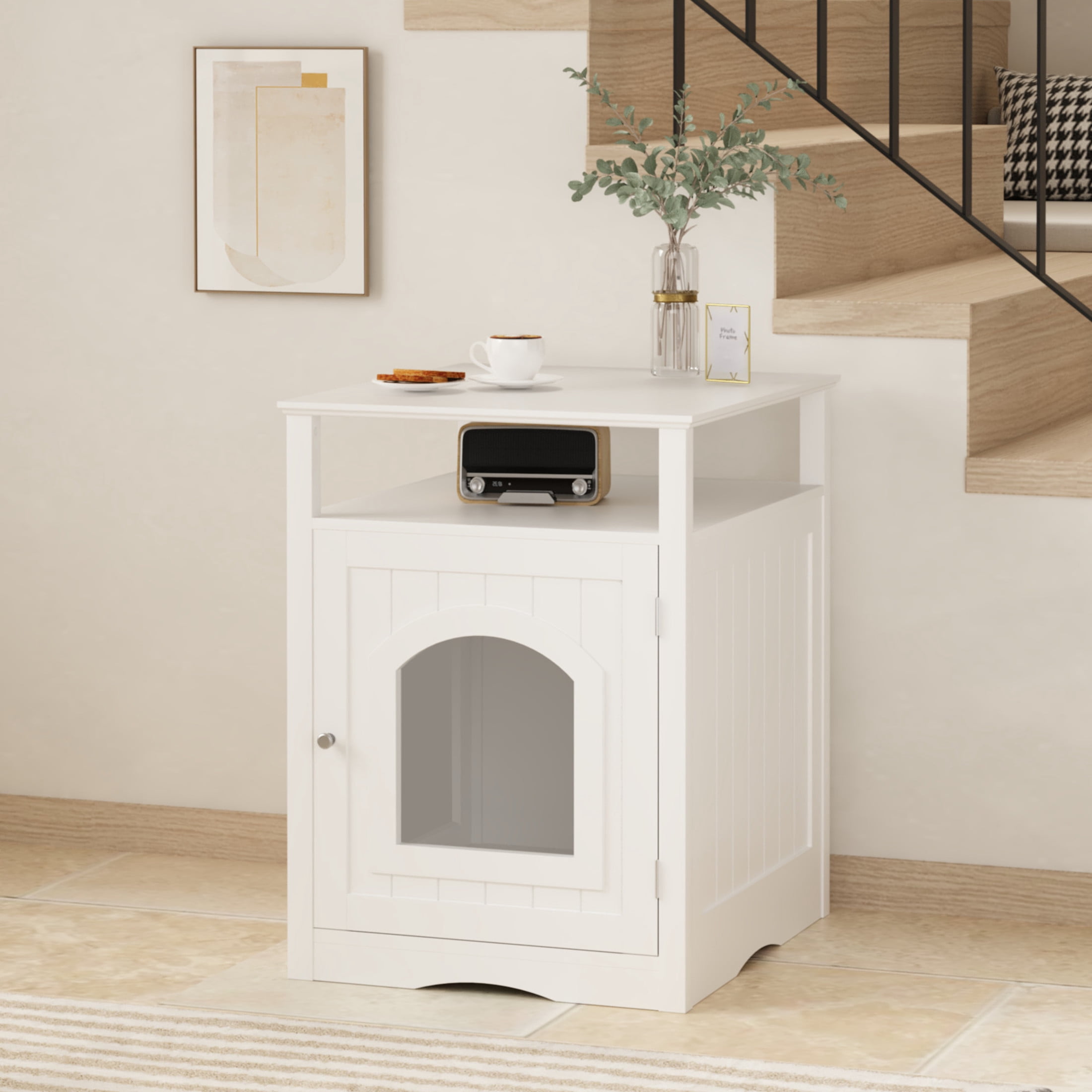 Noble House Cat Litter Box Enclosure Furniture, Wooden Hidden Cat House Cabinet with Storage Shelf, White