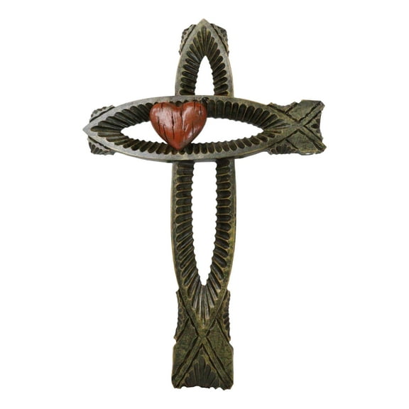 Rustic Greek Fish Symbol Ichthys with Red Sacred Heart Fusion Wall Cross Decor