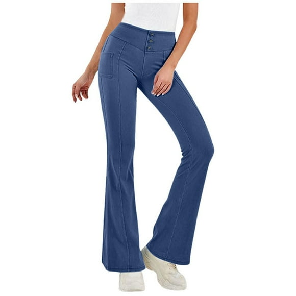 Bmisegm Women's High Waist Stretchy Denim Yoga Flare Leggings Booty Lifting Pocketed Fitness Pants for Gym & Casual Wear Y2K Jeans for Women Navy XXL