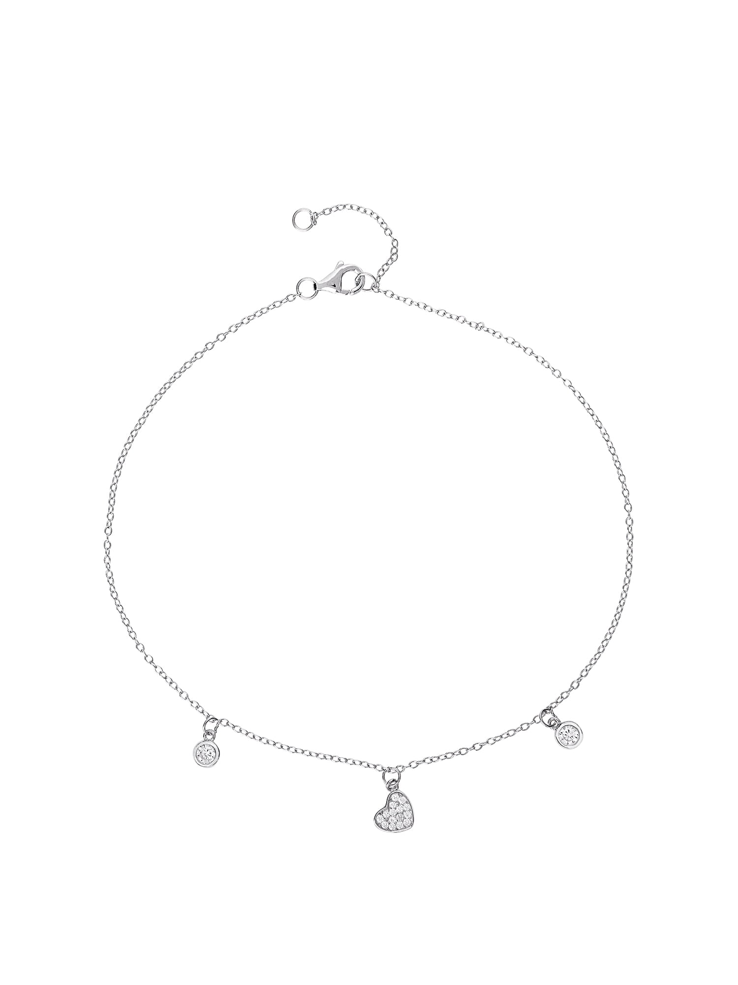 Sterling Silver Cubic Zirconia Heart Anklet, 9' + 1'