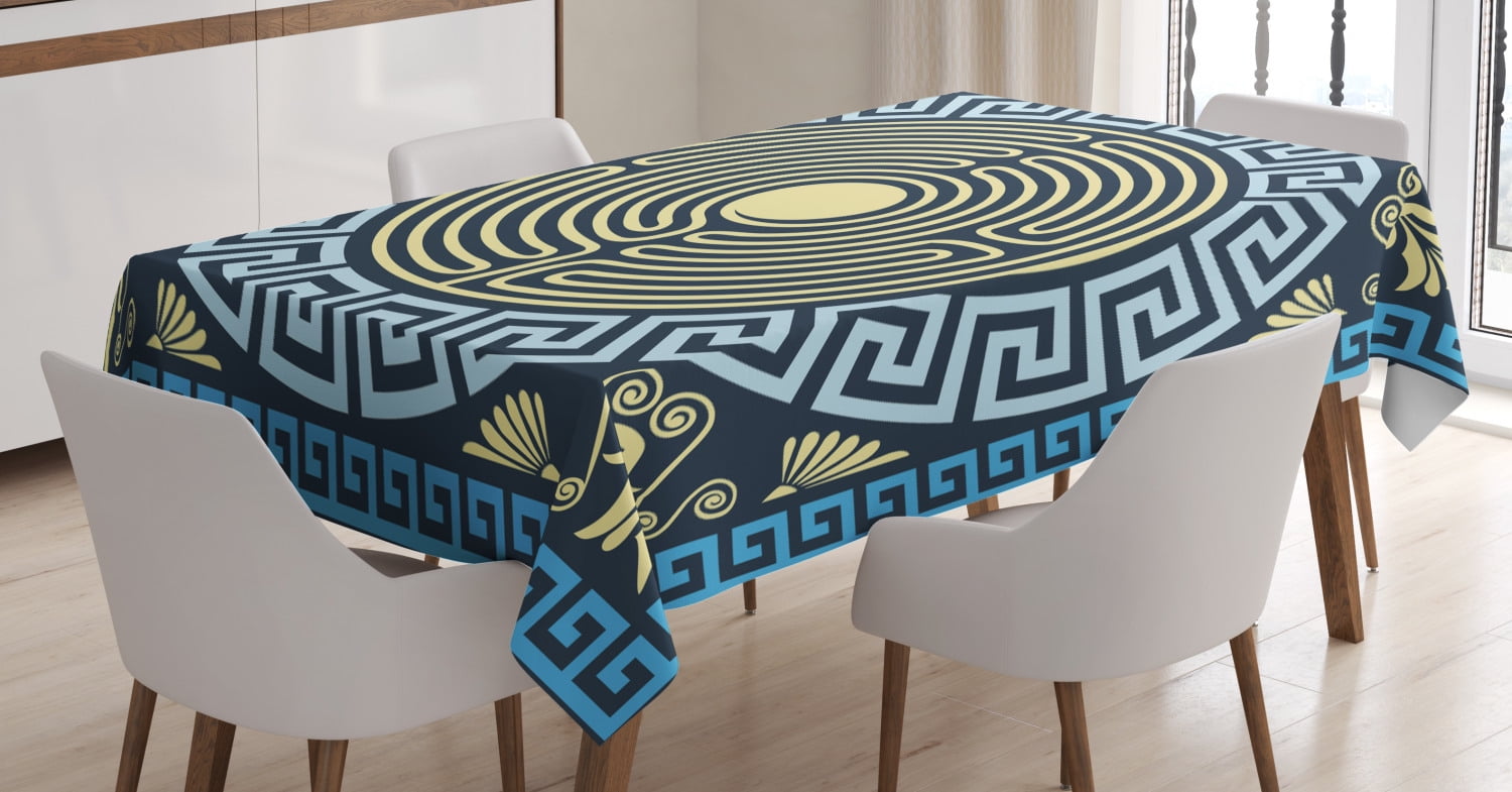 Greek Key Tablecloth, Yellow and Blue Labyrinth Pattern from Ancient