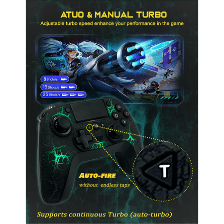 UHM Wireless Controller for P4, Wireless Remote Gamepad with Unique Cracked Design/8 Adjustable LED Colors/Programmable Back Buttons/Super Turbo/Gyro/Dual Vibration for P4/P3/PC,Black