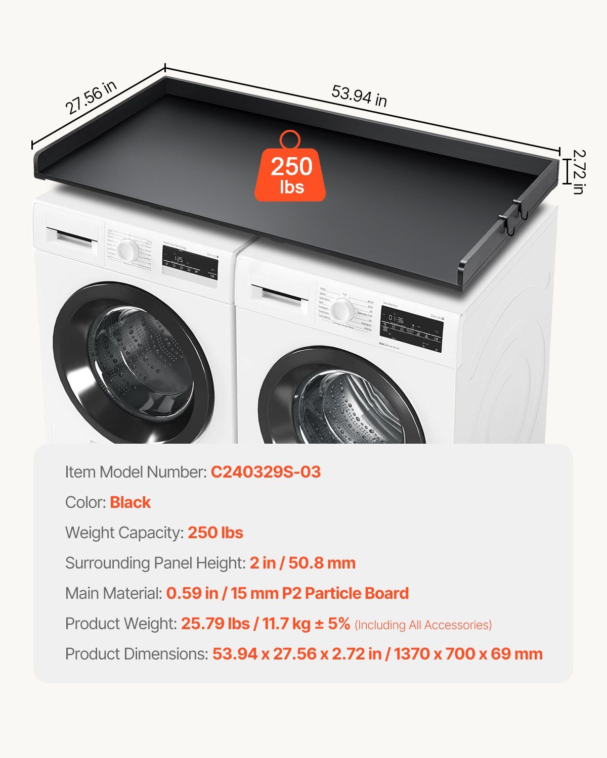 Extra Wide 54" Washer Dryer Countertop, Wood Top Laundry Shelf with Side Rails, Space-Saving Organizer