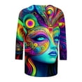 thumbnail image 5 of successthop Mardi Gras Womens Plus Size Tops 3/4 Sleeve Loose with Crew Neck Polyester Casual Mask Printed Mardi Gras Celebrations Blouse Tops for Mardi Gras Event Purple S, 5 of 5