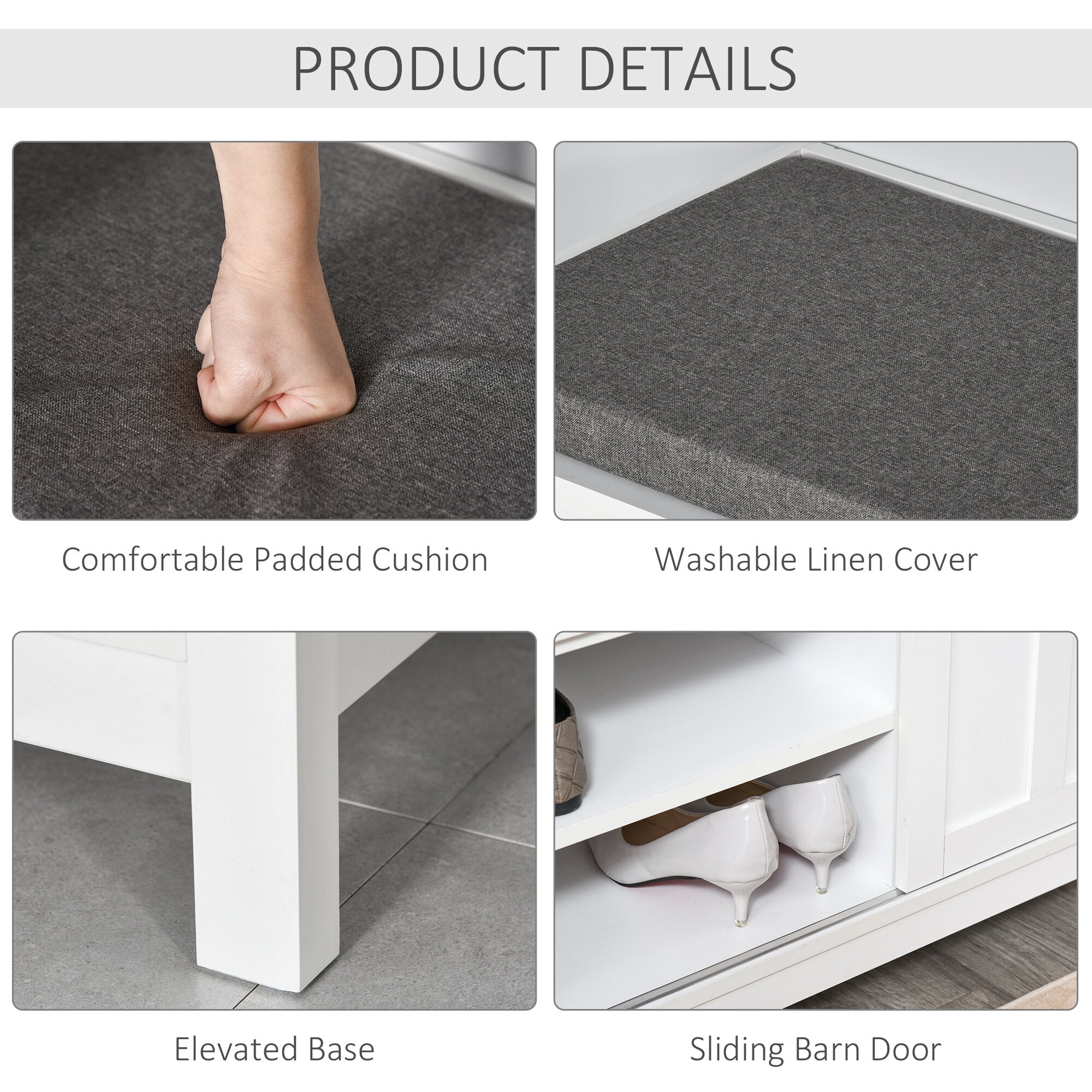Indoor Storage Benches, HOMCOM Entryway Shoe Bench Storage Ottoman with Sliding Doors, Adjustable Shelving, 6 Compartments, and Padded Seat, Holds 10 Pairs, White, White Wooden Storage Benches