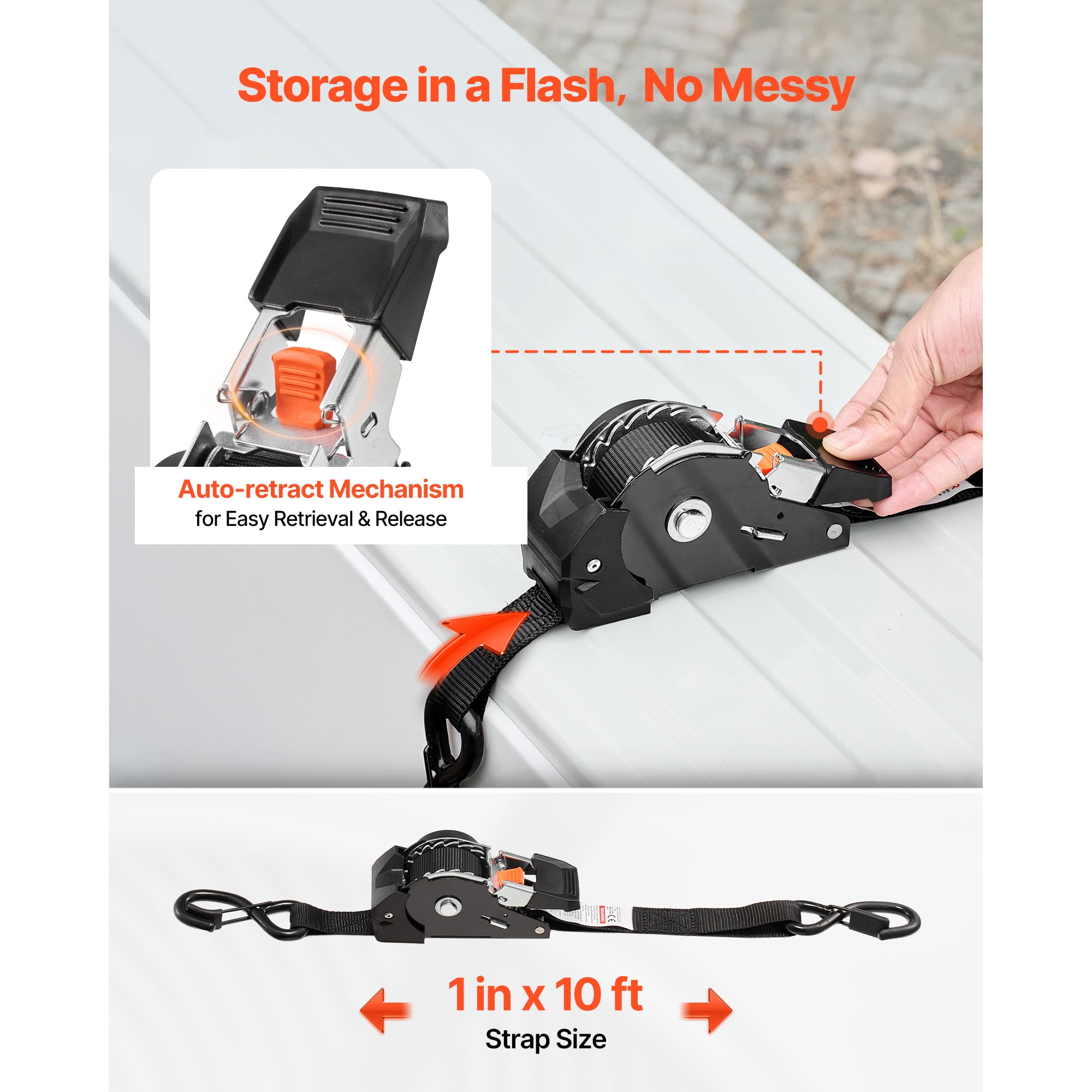 KFFKFF Retractable Ratchet Straps, 1 in x 10 ft, Tie Down Straps with S Hooks, 1200 lbs Break Strength, Includes 4 Soft Loops, Ideal for Securing Cargo, Trailers, Motorcycles, Kayaks, Car Roof